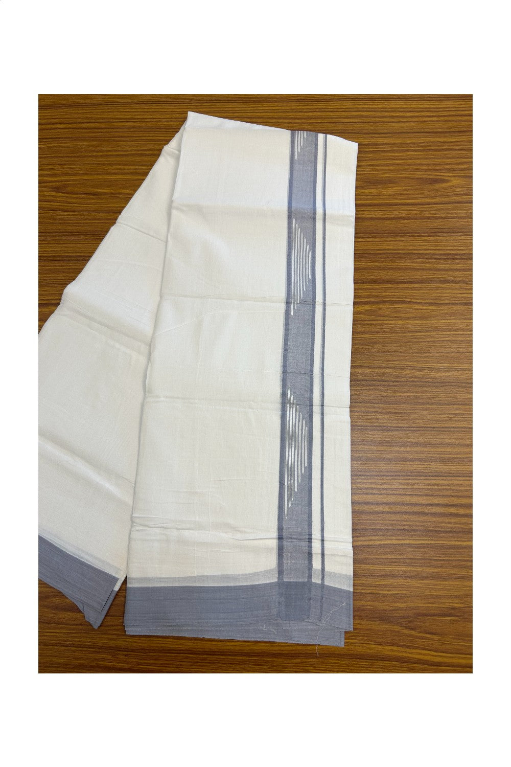 20% DISCOUNT! KaithariKada Balaramapuram Double PURE WHITE 100% Cotton Mundu/Dhoti - 100x80 - 1.25 inch Jacquard Ash Grey Kara Putta Design - 39KK5139THI