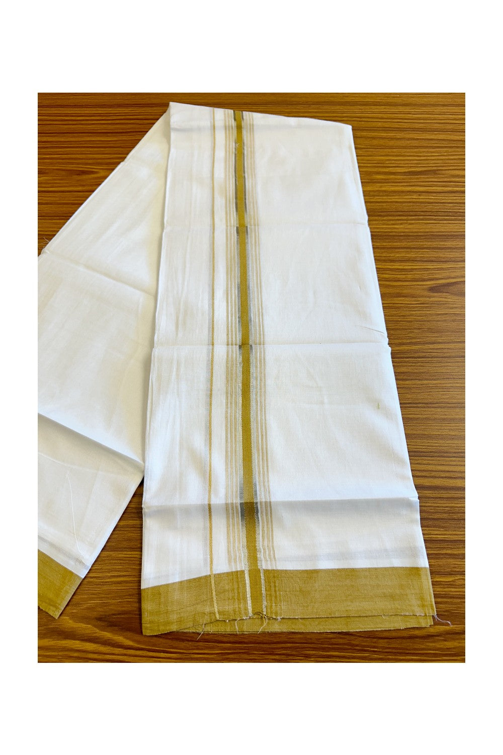 21% DISCOUNT!! Kaitharikada Balaramapuram 100% Cotton Ultra WHITE Double Mundu/Dothi-100x80  2.25 Inch DARK MUSTARD YELLOW & SILVER Striped Cotton Kara - 39KK73VAS.