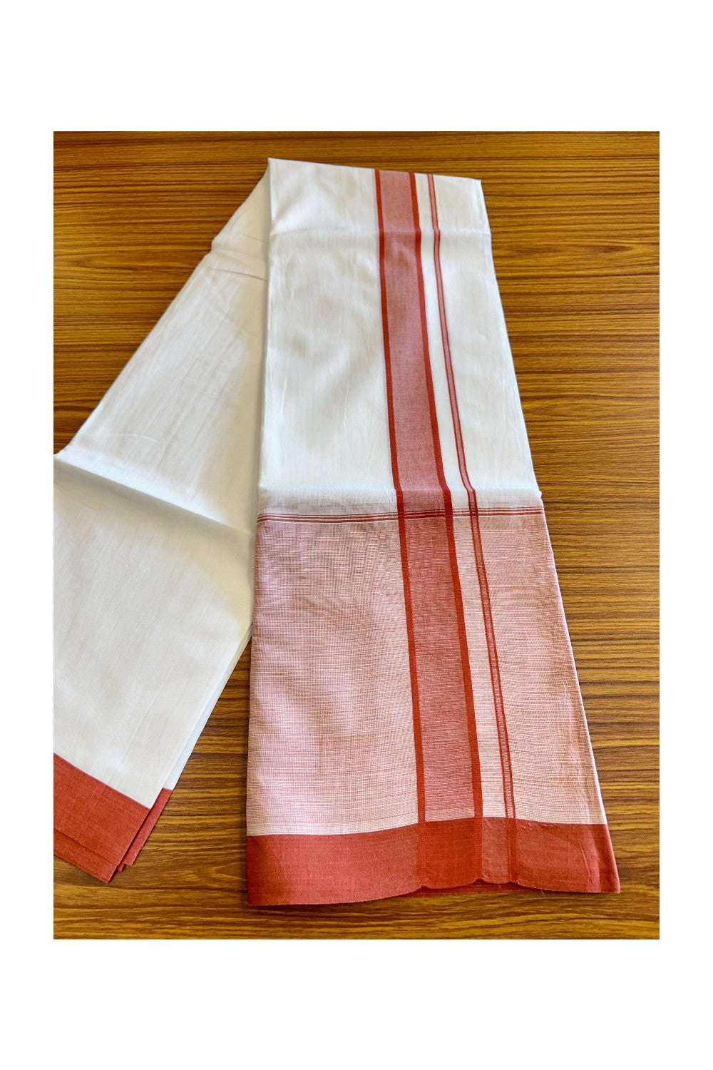 15% DISCOUNT!! Kaitharikada Balaramapuram 100% Cotton Ultra WHITE Double Mundu/Dothi-100x100   2.25 Inch BRICK RED SHADED Cotton Kara - 39KK74RAM