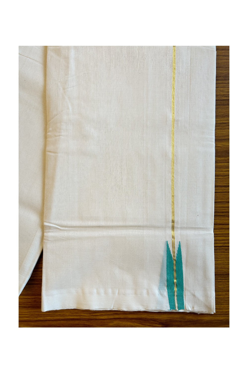 20% Discount KaithariKada HANDLOOM UNAKKUPAAV Balaramapuram - 100% PURE Cotton off white (Unbleached) Double Mundu/Dhoti -  Puliyilakkara 2 cm Kasavu & Aqua green Chutty - 39KK456KK