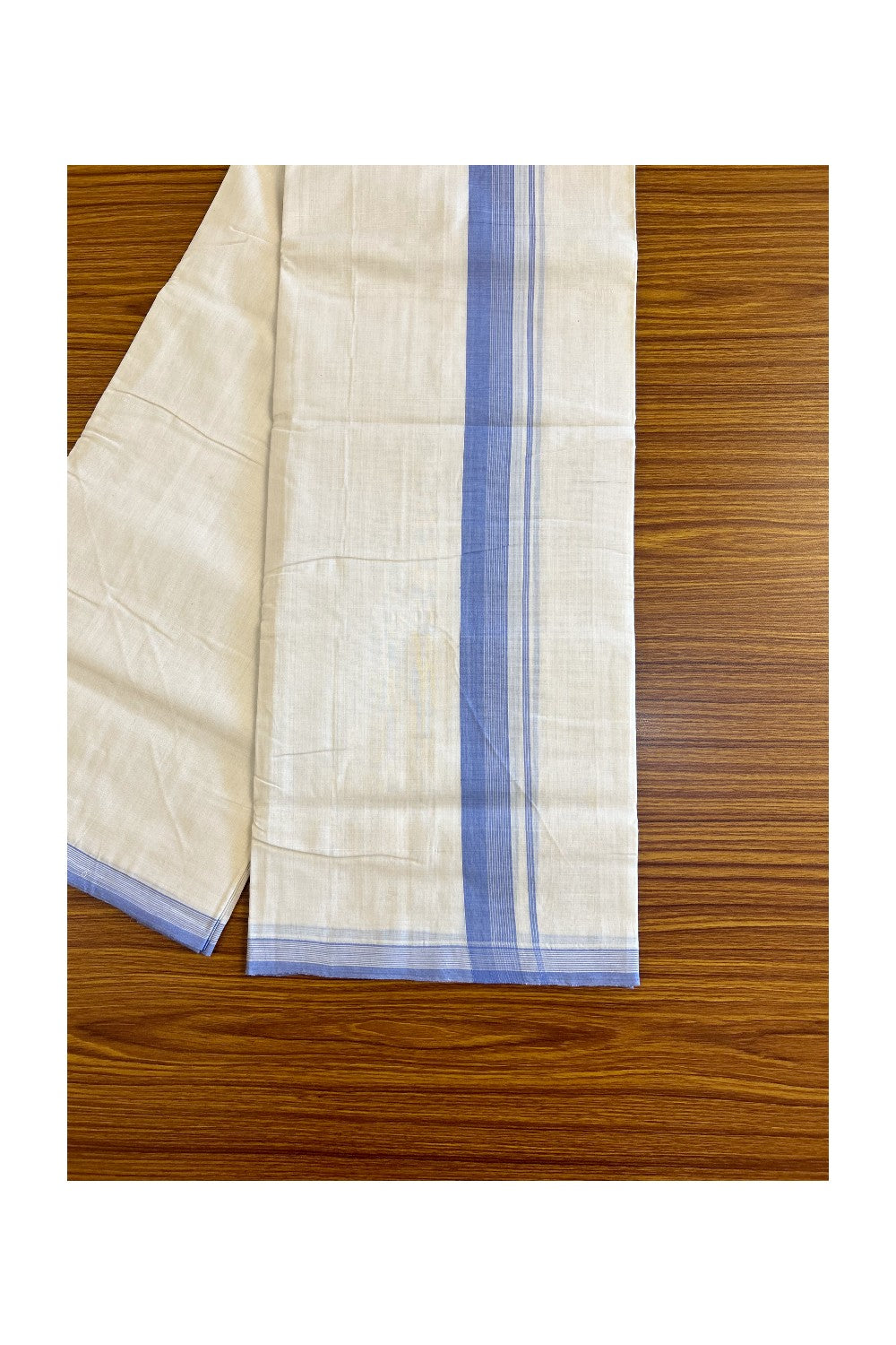 15% Discount!!! KaithariKada HANDLOOM UNAKKUPAAV Balaramapuram - 100% PURE Cotton off white (Unbleached) Double Mundu/Dhoti - Lavender blue & white stripes kara - 39KK458SOM