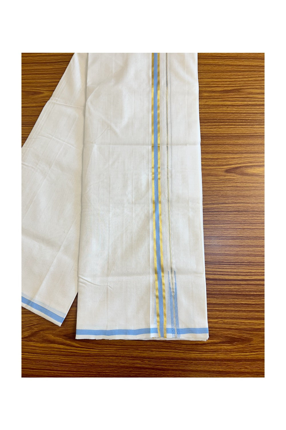 17% DISCOUNT!! KaithariKada HANDLOOM UNAKKUPAAV Balaramapuram - 100% PURE Cotton OFF White - (Unbleached) Double Mundu/Dothi - 0.75 inch Puliyilakkara Kasavu Sky blue chutty - 39KK462RAM