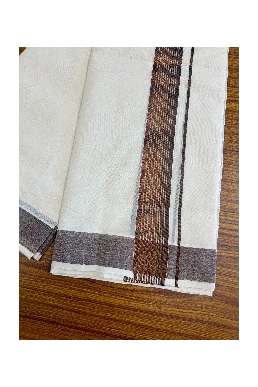 8% DISCOUNT!! KaithariKada HANDLOOM Millpaav Balaramapuram - 100% PURE Cotton OFF White Double Mundu/Dothi - 2.75 inch BROWN GOLD kasavu Stripes Kara - 39KK5029RAM