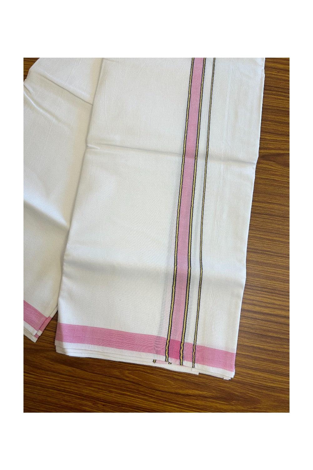 20% OFFER! KaithariKada 100% Cotton Balaramapuram HANDLOOM Single  PURE WHITE Mundu/Dhoti - 3.5 cm Pink Kasavu Kara & Blue Stripes Design - 39KK5067KK