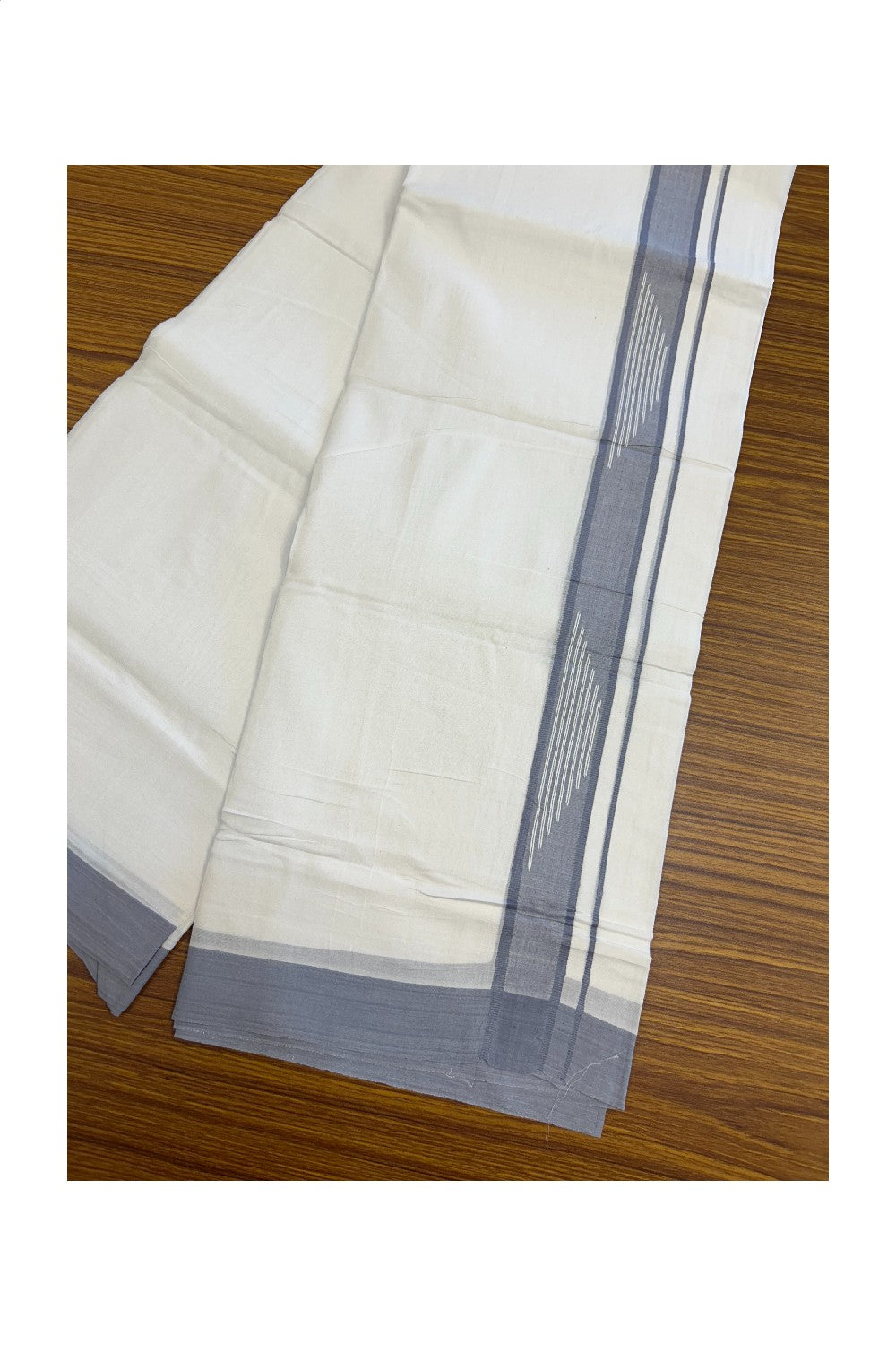 20% DISCOUNT! KaithariKada Balaramapuram Double PURE WHITE 100% Cotton Mundu/Dhoti - 100x80 - 1.25 inch Jacquard Ash Grey Kara Putta Design - 39KK5139THI