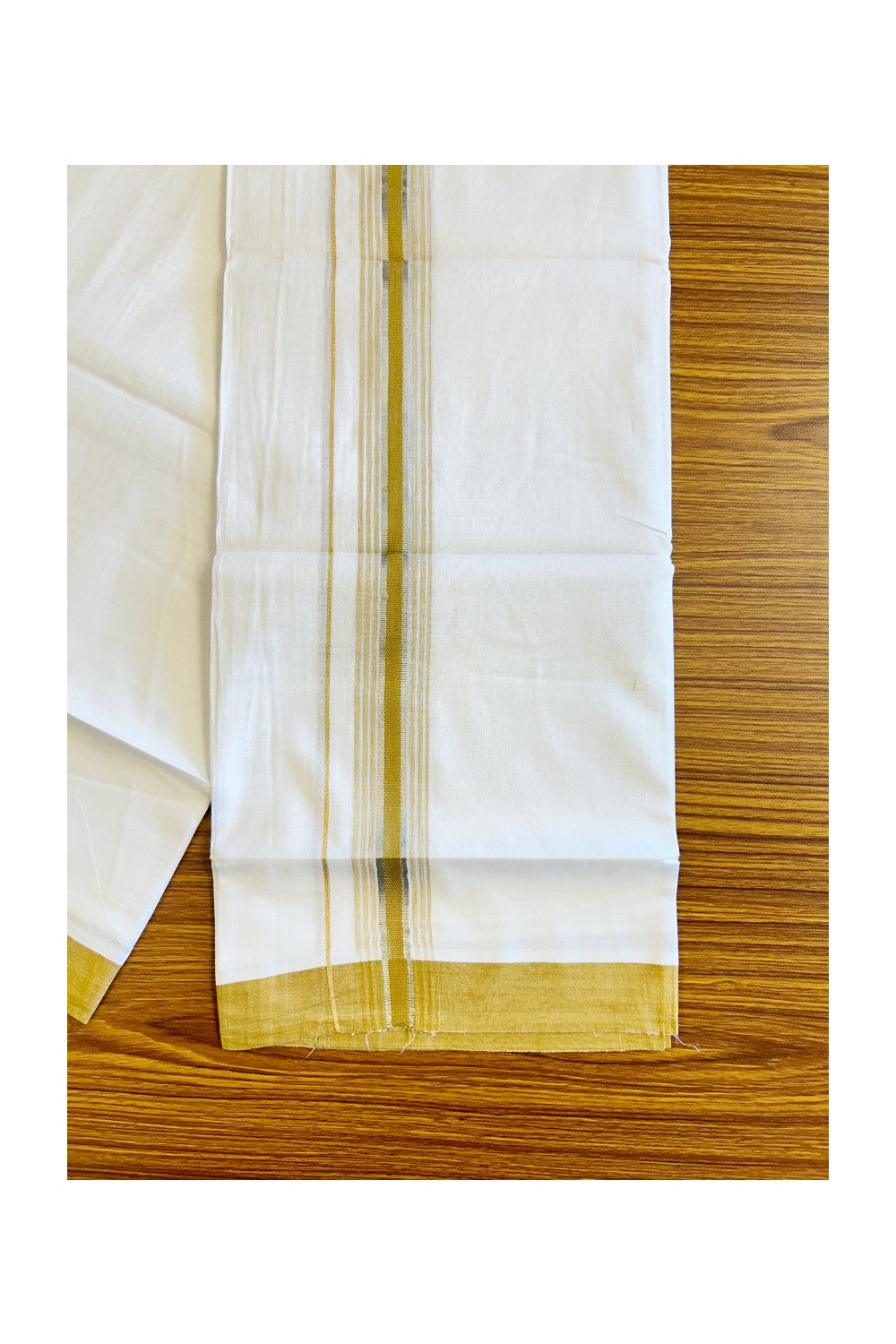 21% DISCOUNT!! Kaitharikada Balaramapuram 100% Cotton Ultra WHITE Double Mundu/Dothi-100x80  2.25 Inch DARK MUSTARD YELLOW & SILVER Striped Cotton Kara - 39KK73VAS.