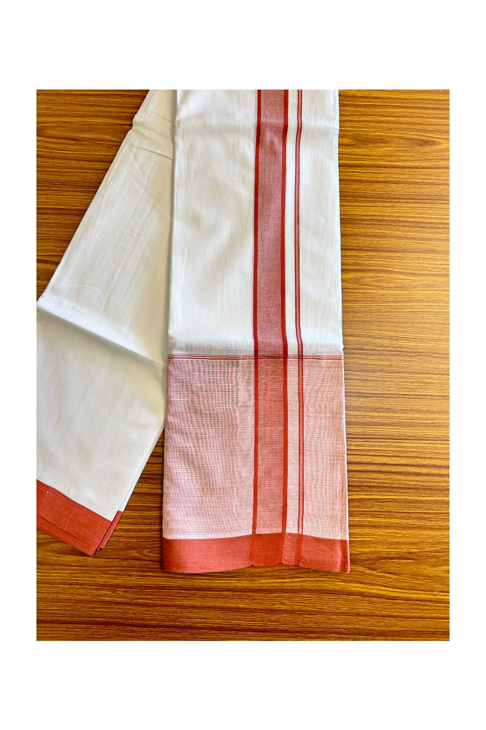 15% DISCOUNT!! Kaitharikada Balaramapuram 100% Cotton Ultra WHITE Double Mundu/Dothi-100x100   2.25 Inch BRICK RED SHADED Cotton Kara - 39KK74RAM