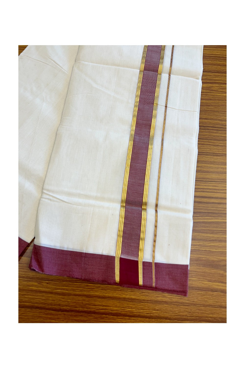 21% Discount KaithariKada HANDLOOM Unakkupaavu Balaramapuram - 100% PURE Cotton Off White (Unbleached) Double Mundu/Dhoti - 2.25 inch Kasavu & Vine Red-206