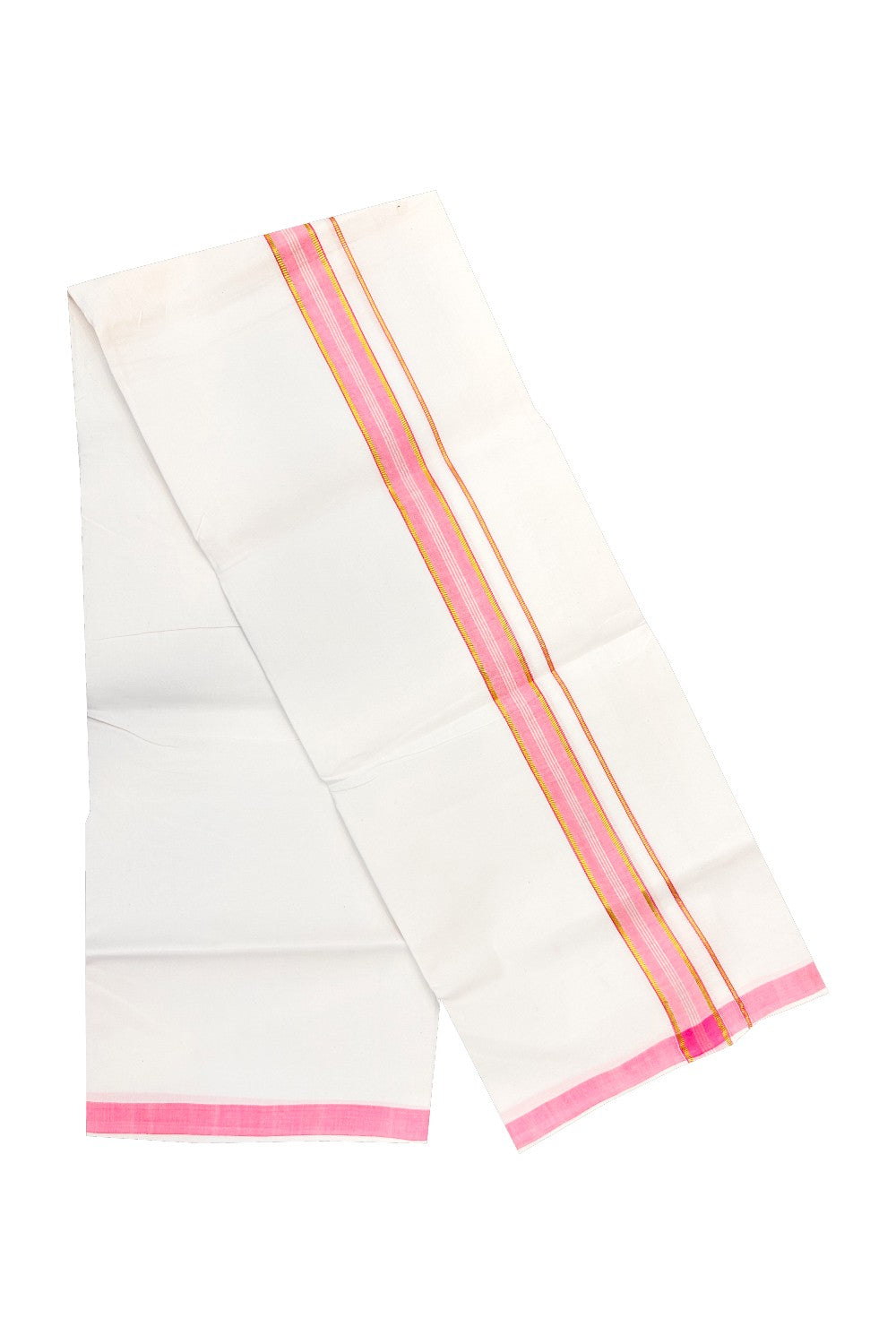 20% OFFER! KaithariKada 100% Cotton Balaramapuram HANDLOOM Single  PURE WHITE Mundu/Dhoti - 1.75inch Pink Kasavu Kara & Stripes - 4KAI.