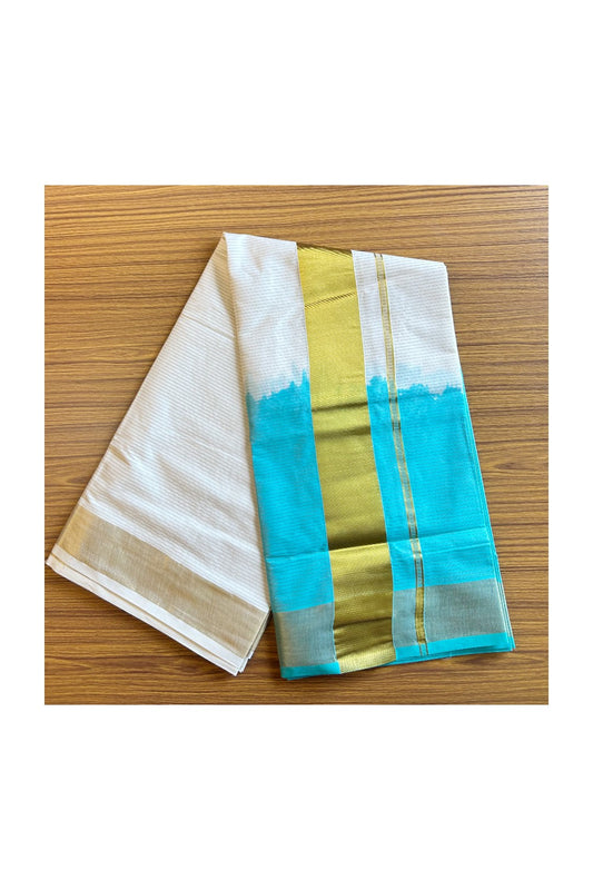 28% Discount!! Kaitharikada Kerala Saree - Cotton Off White - Turquoise  Colour Dyed & Gold Kasavu Striped Kara - 4KK1003HAR