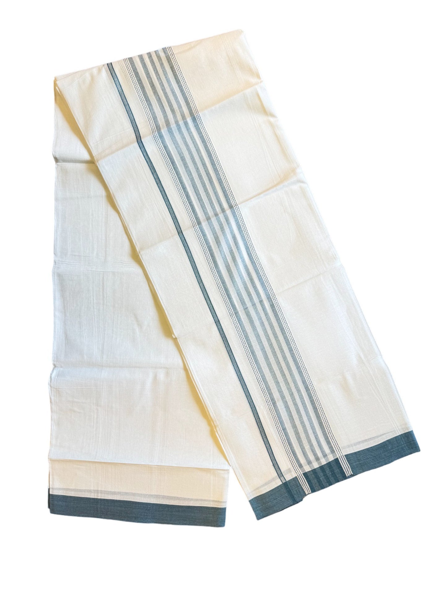 37% DISCOUNT! KaithariKada Balaramapuram 100% Cotton Ultra WHITE Double Mundu/Dhoti-100x80 3.5 inch MILITARY BLUE Stripes Cotton kara-4KK101VIN