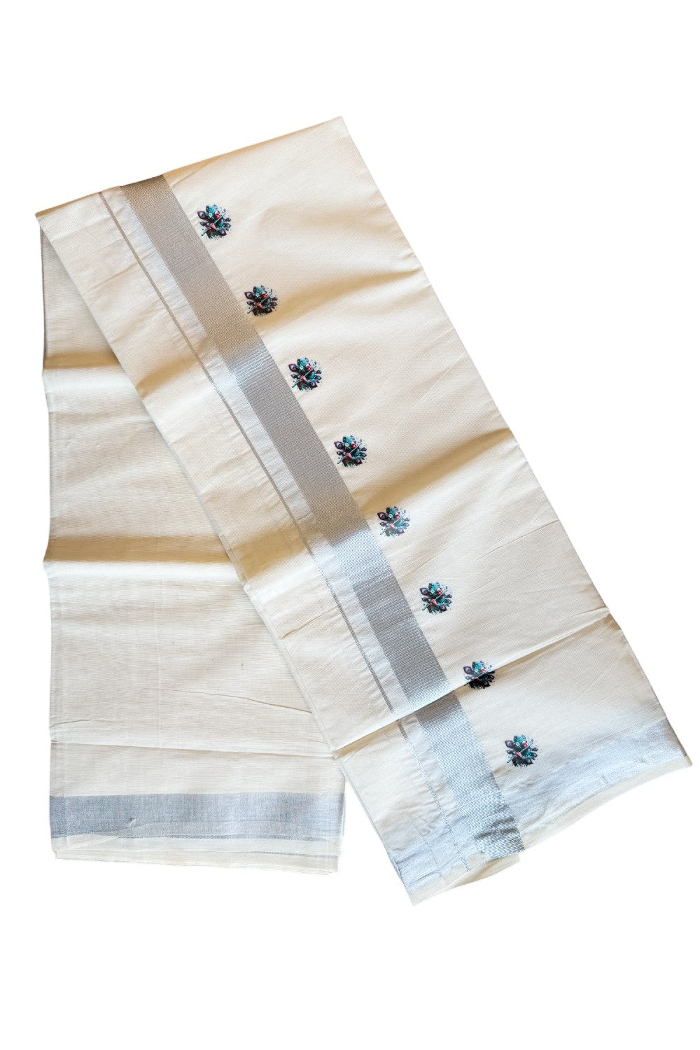 15% Discount !! KaithariKada Balaramapuram 100% Cotton Double Off white Mundu/Dhoti-80x72- 2inch Hand Painted Silver Kasavu & Krishna Design - 4KK207PMC