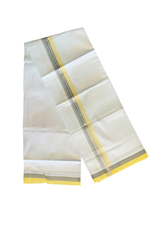 28% DISCOUNT!!! KaithariKada Balaramapuram 100% Cotton PURE white Double Mundu/Dhoti-100x90   2.5 Inch Silver & Light Yellow gray striped kara  - 4KK407VIN