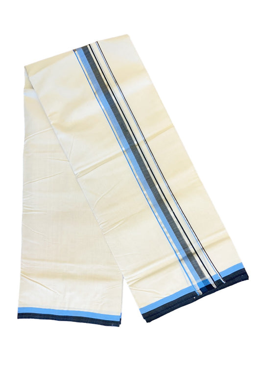 18% DISCOUNT!! KaithariKada HANDLOOM Unakkupaavu Balaramapuram - 100% PURE Cotton OFF White (Unbleached) Double Mundu/Dothi - 2.25 inch Silver Kasavu Light Blue & black kara - 4KK410RAM