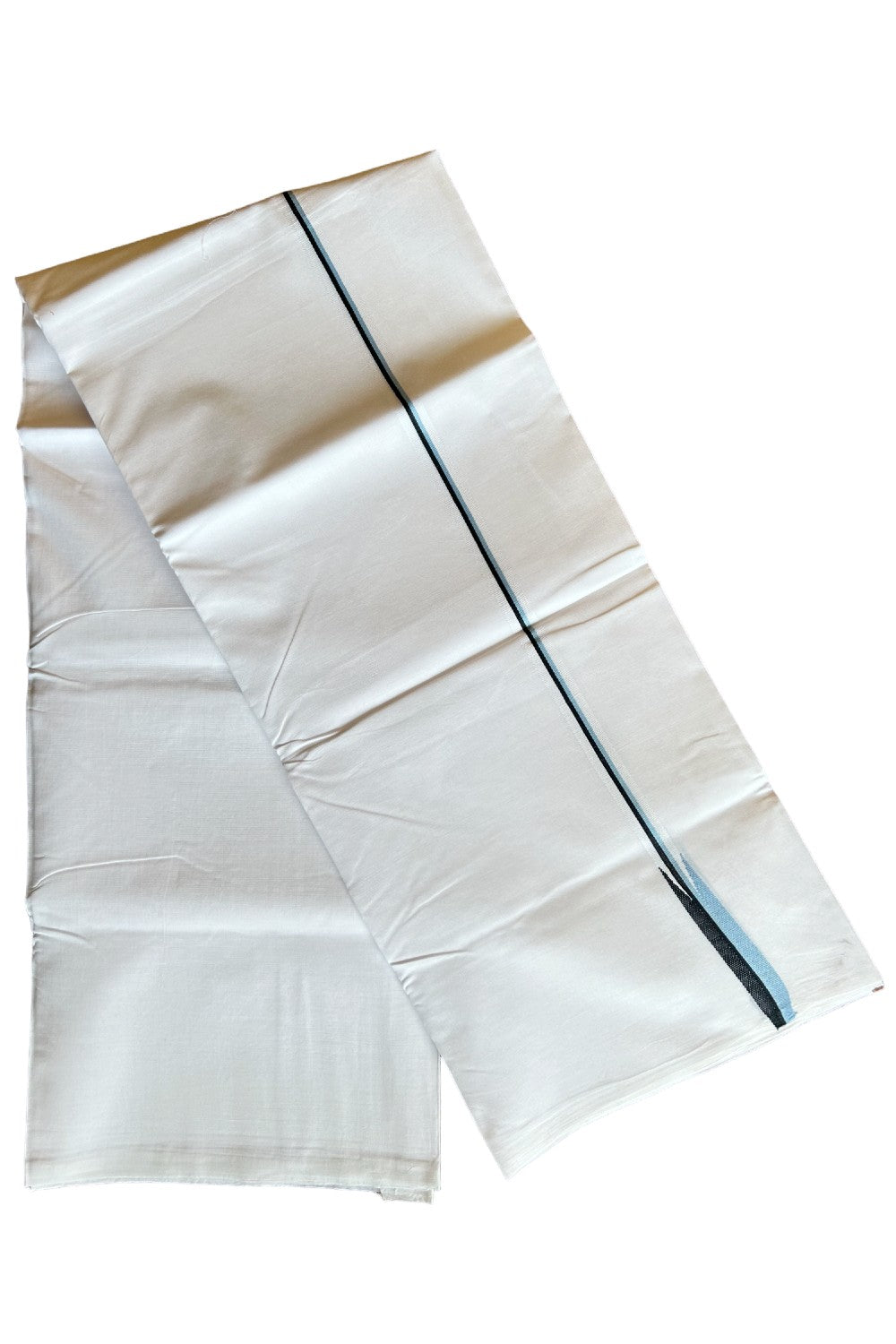 27% DISCOUNT!!! KaithariKada Balaramapuram 100% Cotton Pure white Double Mundu/Dhoti-100x100  Puliyilakkara  Black & Sky blue chutty - 4KK412ASH