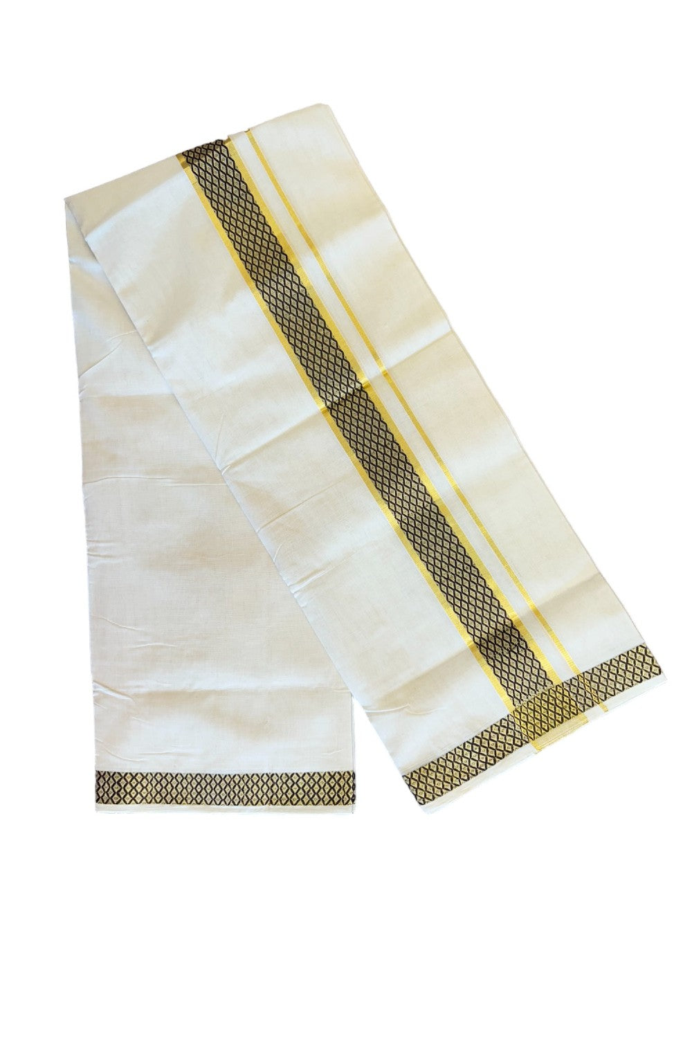 15% Discount!!! KaithariKada HANDLOOM UNAKKUPAAV Balaramapuram - 100% PURE Cotton off white Double Mundu/Dhoti - 2.75 inch Kasavu & brown pattern kara - 4KK415SOM