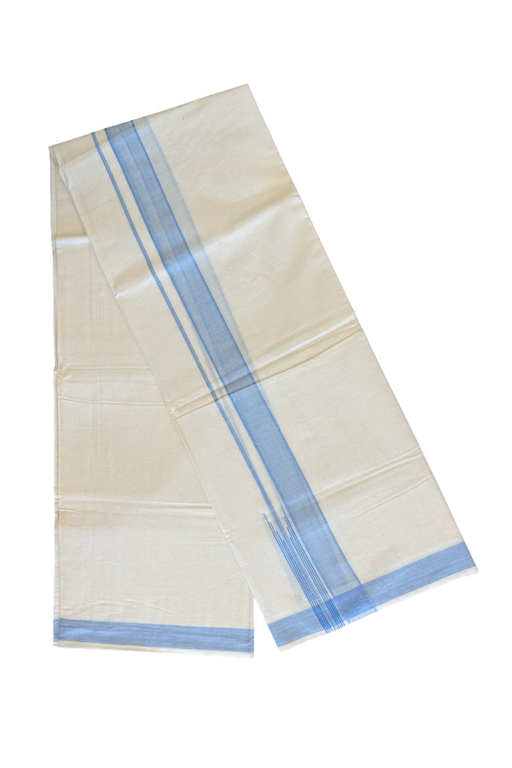 ONAM OFFER 22%! KaithariKada Exclusive 100% PREMIUM Cotton OFF WHITE (Unbleached) Double Dhoti/Mundu- Cotton Sky Blue Kara Printed Striped Chutty - 4KK426MC