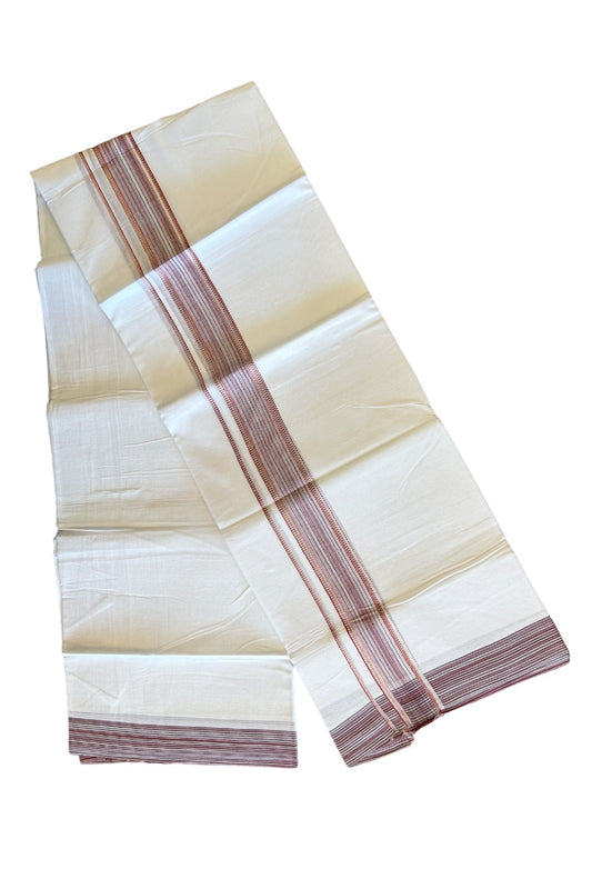 14% DISCOUNT!! Kaitharikada Balaramapuram 100% Cotton Ultra WHITE Double Mundu/Dothi-100x90  2.5 Inch  Silver kasavu Brick red & white shaded kara with black stripes - 4KK430VAS