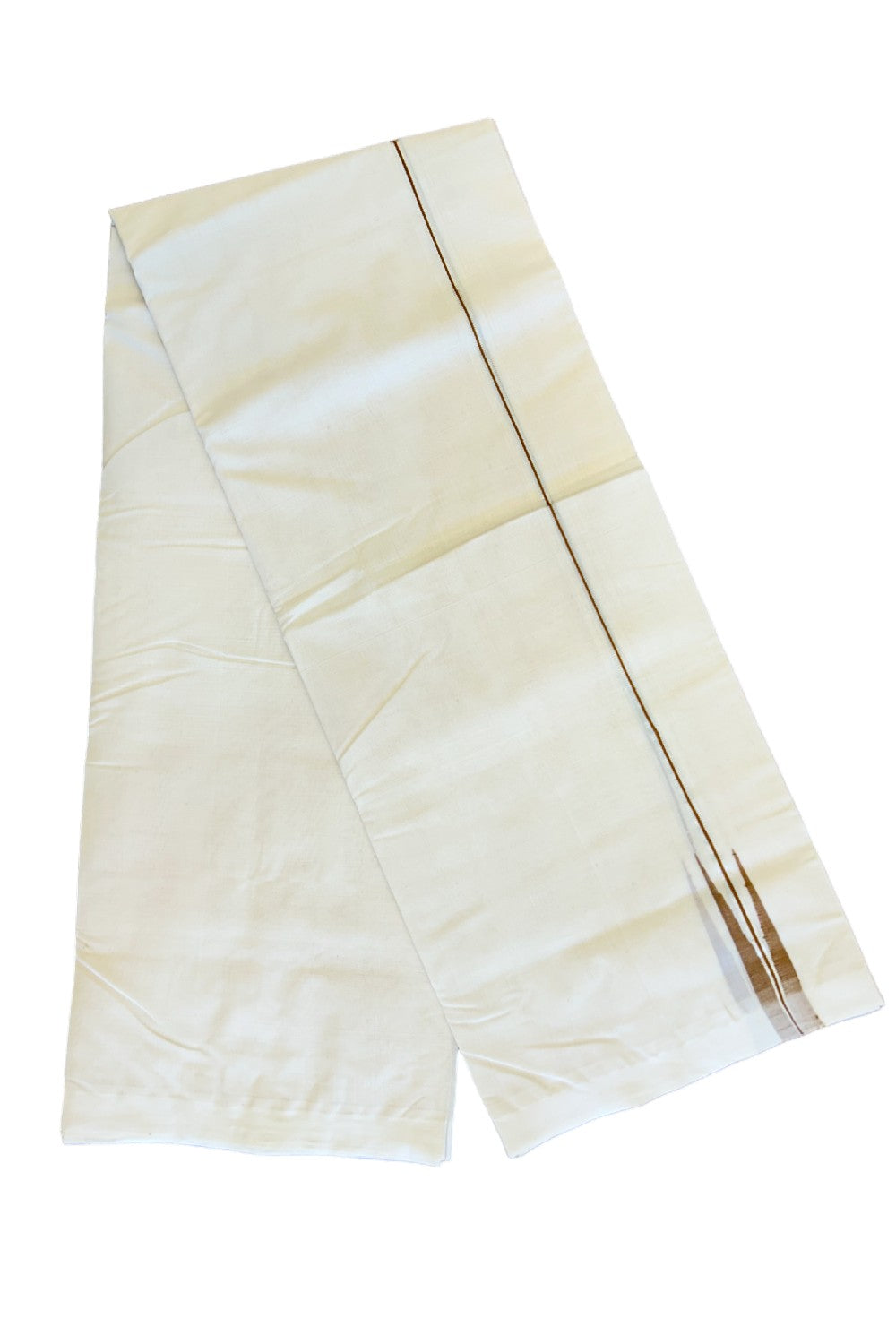 15% DISCOUNT!! KaithariKada HANDLOOM Millpaav Balaramapuram - 100% PURE Cotton OFF White - (Unbleached) Double Mundu/Dothi - 2 cm Puliyilakkara silver kasavu Brown chutty - 4KK476RAM