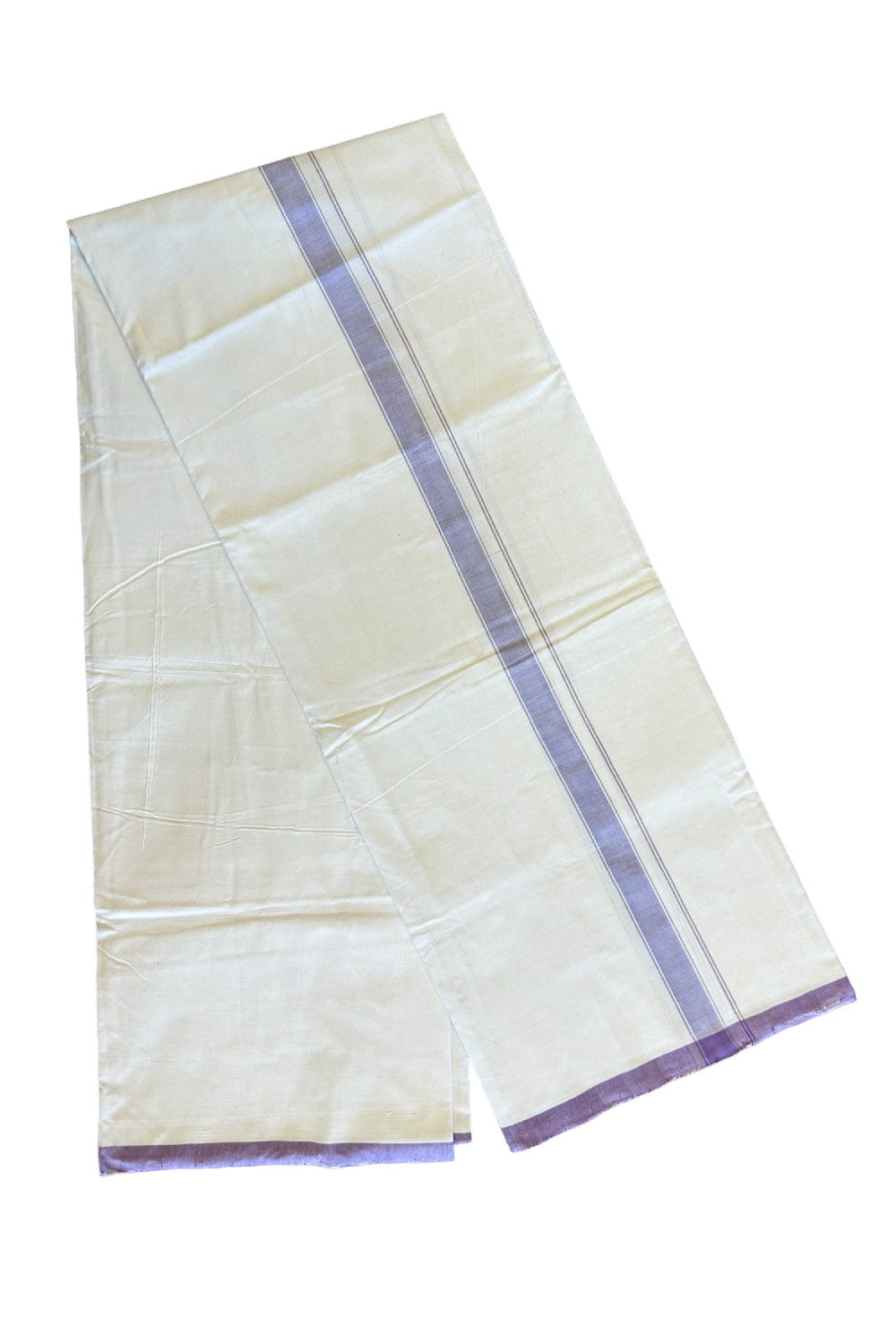 Ultimate HANDLOOM-19% Discount! - Kaitharikada Kalamachal-Government Sealed HALLMARKED-100% PURE COTTON! (80x80) Twisted Thread- Light WHITE SINGLE Mundu / Dhoti - 1.5inch Purple Striped Kara - 4KK478KAL