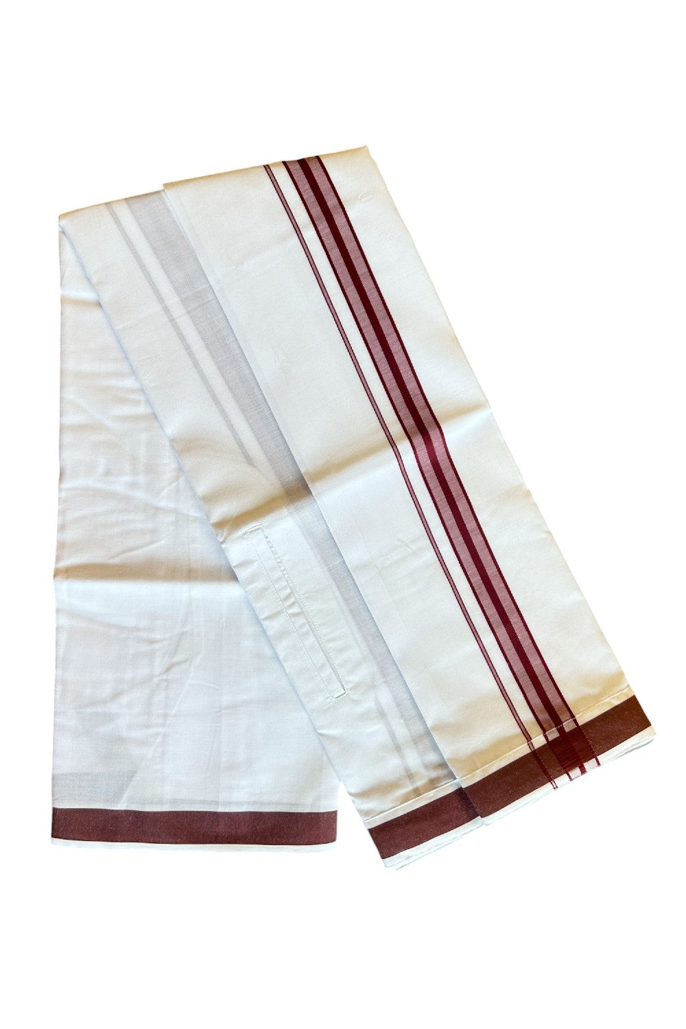 KaithariKada Balaramapuram COTTON SINGLE PURE WHITE VELCRO Mundu/Dhoti  - 1.75inch Maroon kara - 4KK485SRI