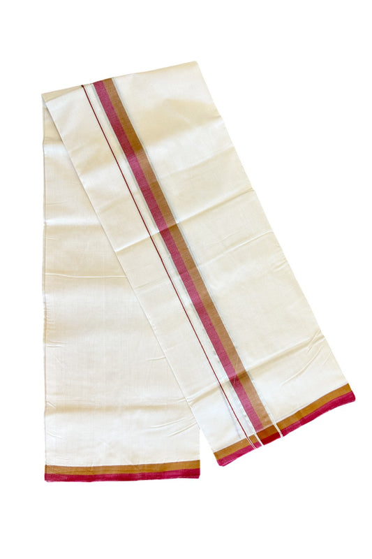 20% Discount KaithariKada HANDLOOM Unakkupaav Balaramapuram - 100% PURE Cotton Off White - (Unbleached) 100x100 Double Mundu/Dhoti - 2.15 inch  Silver Kasavu Brown & Red Kara-  4KK498KK