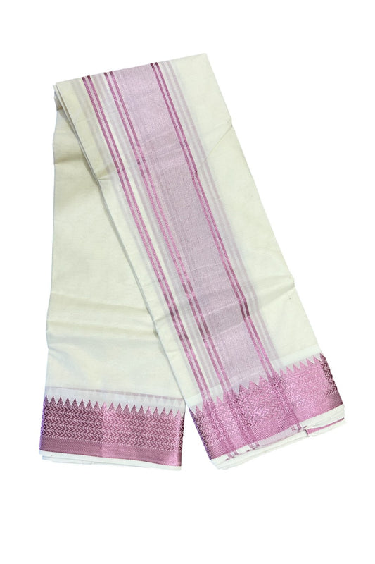 36% DISCOUNT! KaithariKada  Cotton Mix Off White - (Unbleached) 80x80 thread -80% Cotton & 20 % Polyester - NORTH INDIAN -  ATTACHED GAMCHA 9X5 Dhoti 4.5 inch Pink kara with Pink Design border  - 4KK5005PMC