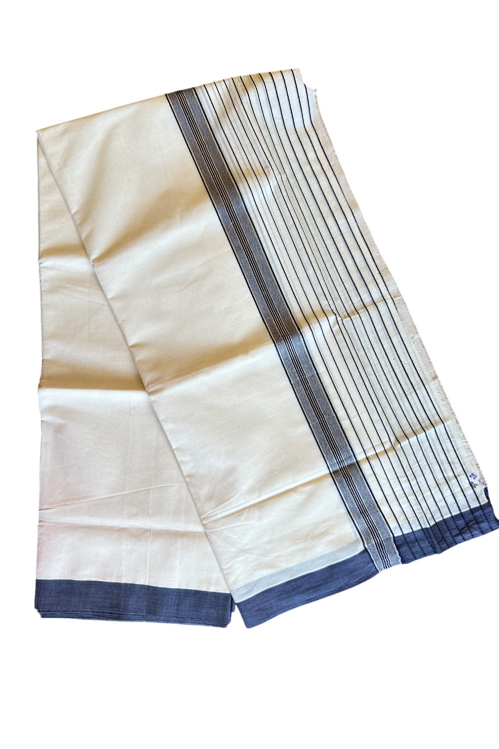 28% Discount !! KaithariKada Balaramapuram Double Off white Mundu/Dhoti- 80x90- 7 inch Navy Blue & Silver Striped kara 3.92m- 4KK5006PMC