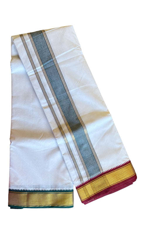 15% DISCOUNT! KaithariKada Cotton mix PURE White - 80x 80 thread - 80 % Cotton & 20 % Polyster -NORTH INDIAN - ATTACHED GAMCHA 10x6 Dhoti- Gold Kasavu Green shaded kara with Green & Maroon - 4KK5008PMC