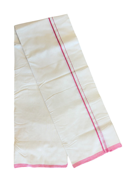 SIGNATURE KAITHARIKADA EXCLUSIVE SINGLE DHOTI - 100% Cotton Balaramapuram HANDLOOM Single Mundu/Dhoti - Off White 0.25 Inch Muthukuri Pink & Silver KASAVU Chutty Kara- 4KK5010KAI