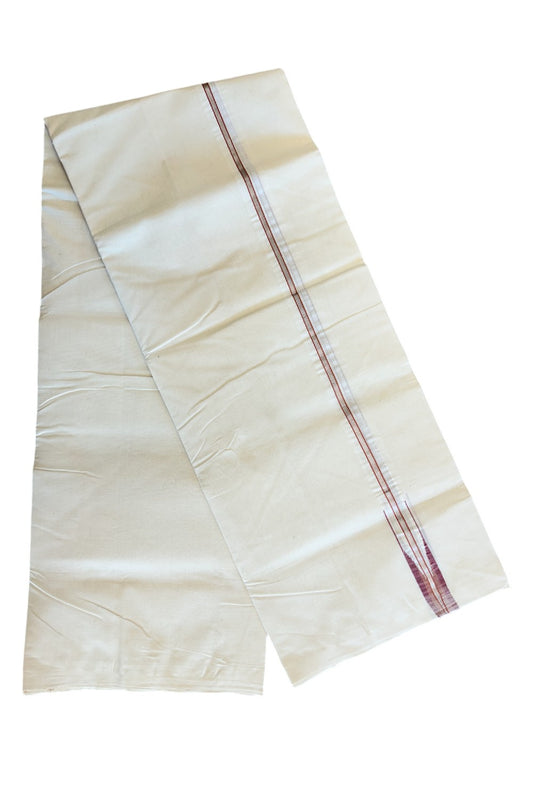 15% DISCOUNT!! KaithariKada HANDLOOM Millpaav Balaramapuram - 100% PURE Cotton OFF White Double Mundu/Dothi - 1 inch Puliyilakkara silver Kasavu & Maroon chutty Kara - 4KK5011RAM