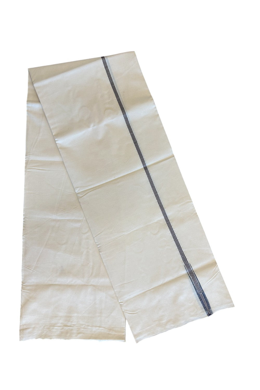 23% DISCOUNT ! KaithariKada Balaramapuram 100%  COTTON SINGLE OFF WHITE - (Unbleached) Mundu/Dhoti-100X100-  0.25 Inch Blue & Silver Chutty (2 metre / 4 muzham)- 4KK5018ASH