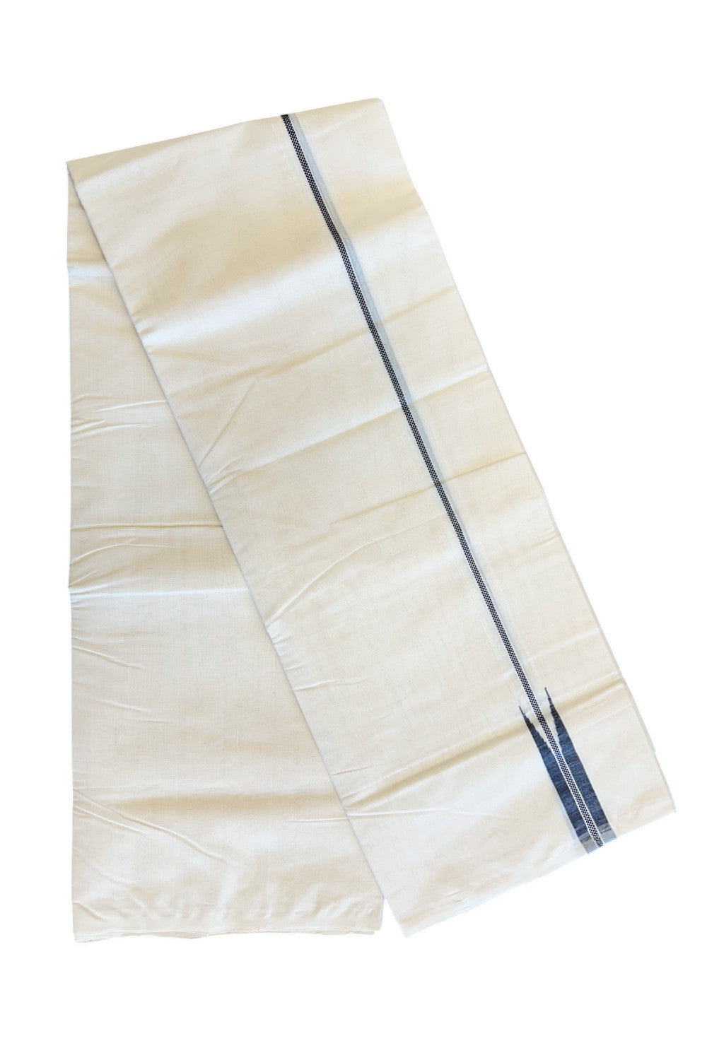 10% DISCOUNT!! KaithariKada HANDLOOM millpaav Balaramapuram - 100% PURE Cotton OFF White Double Mundu/Dothi - Navy Blue & Silver puliyilakkara chutty Kara- 4KK5020RAM