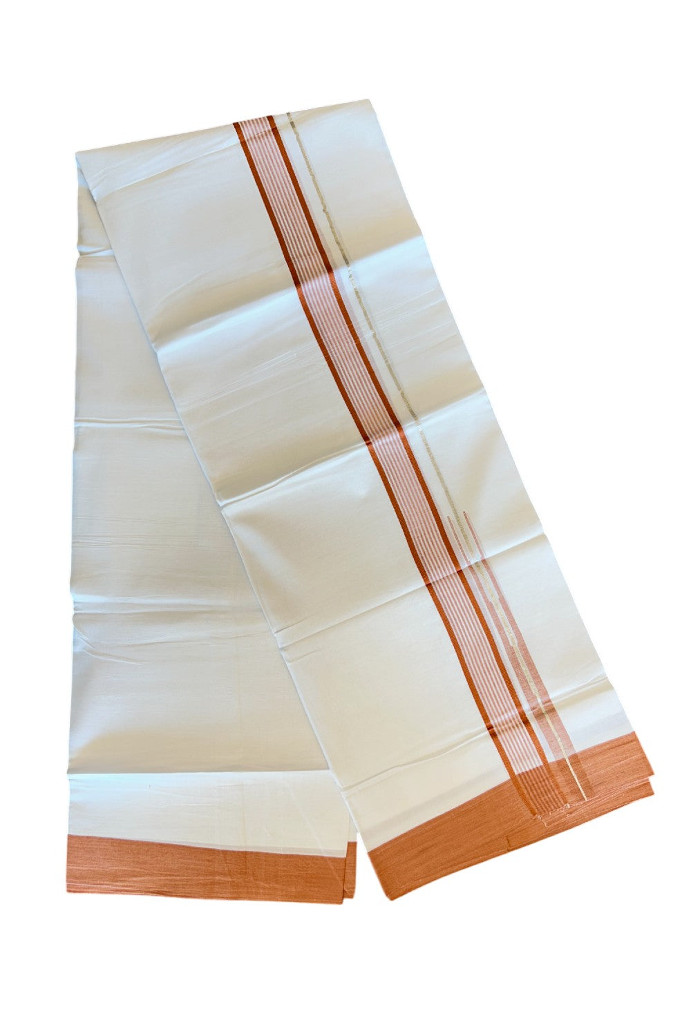 Kaitharikada  Balaramapuram 100% Pure Cotton PURE WHITE Double Mundu/Dothi - 80x92 - 1.5 Inch Dark Orange & Silver striped Chutty kara - 4KK5022VAN