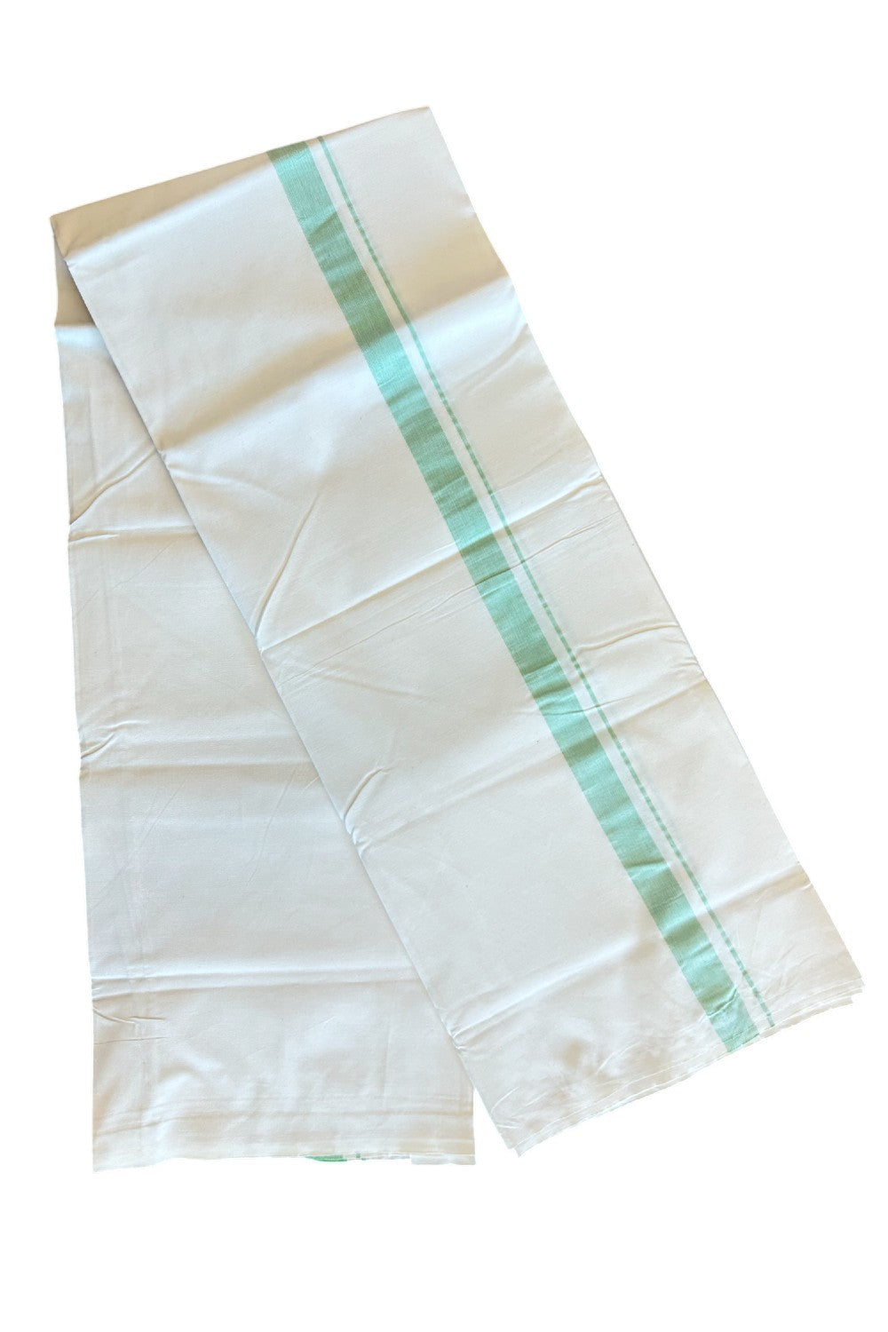 20% DISCOUNT ! KaithariKada Balaramapuram 100% COTTON SINGLE OFF WHITE - (Unbleached) Mundu/Dhoti-Twisted 100s Thread- 1.5 inch Light Green shaded Kara (2 metre / 4 muzham)- 4KK5023ASH