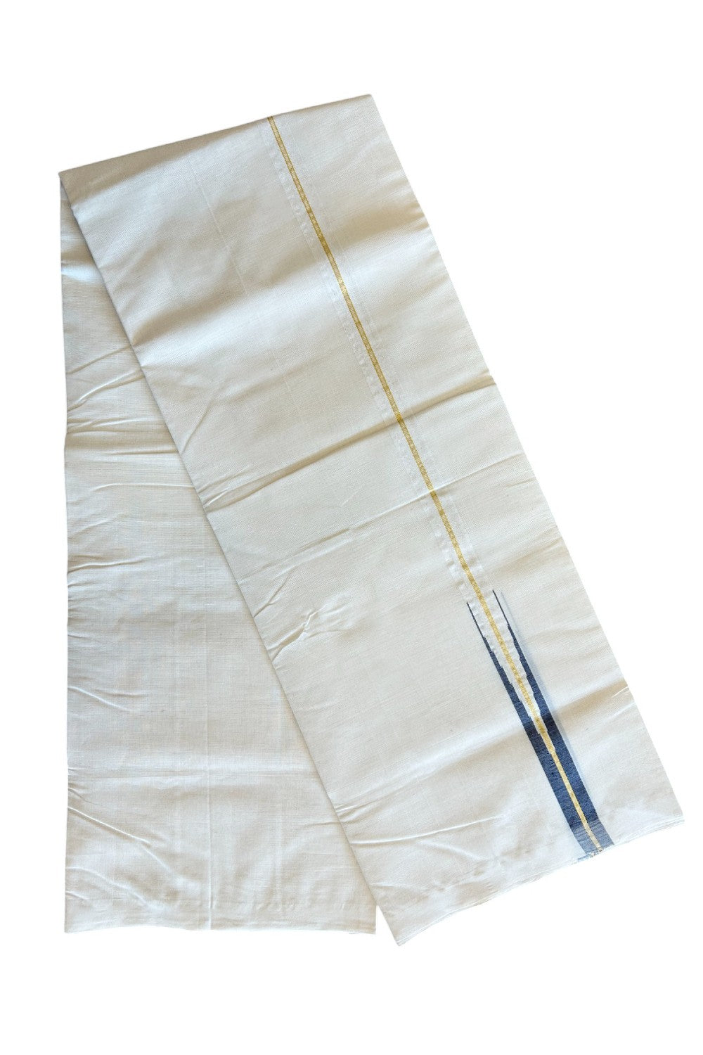 8% DISCOUNT!! KaithariKada HANDLOOM Millpaav Balaramapuram - 100% PURE Cotton OFF White Double - (Unbleached) Mundu/Dothi - 1 inch puliyilakkara Kasavu Navy Blue chutty - 4KK5029RAM