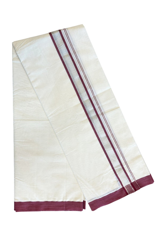 5% Discount!!! KaithariKada Balaramapuram  Double Off white - (Unbleached) Mundu/Dhoti - 80X90 - 2.25 inch SILVER  KASAVU & Maroon pattern Kara - 4KK5037KAI