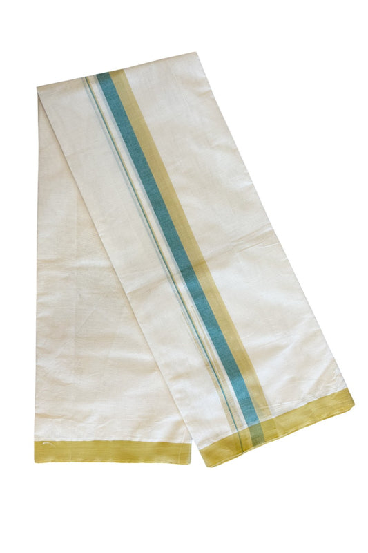 5% Discount!!! KaithariKada Balaramapuram  Double Off white - (Unbleached) Mundu/Dhoti - 80X90 - 1.75 inch Mustard Yellow & Green shaded puliyilakkara striped chutty - 18KK5037KAI