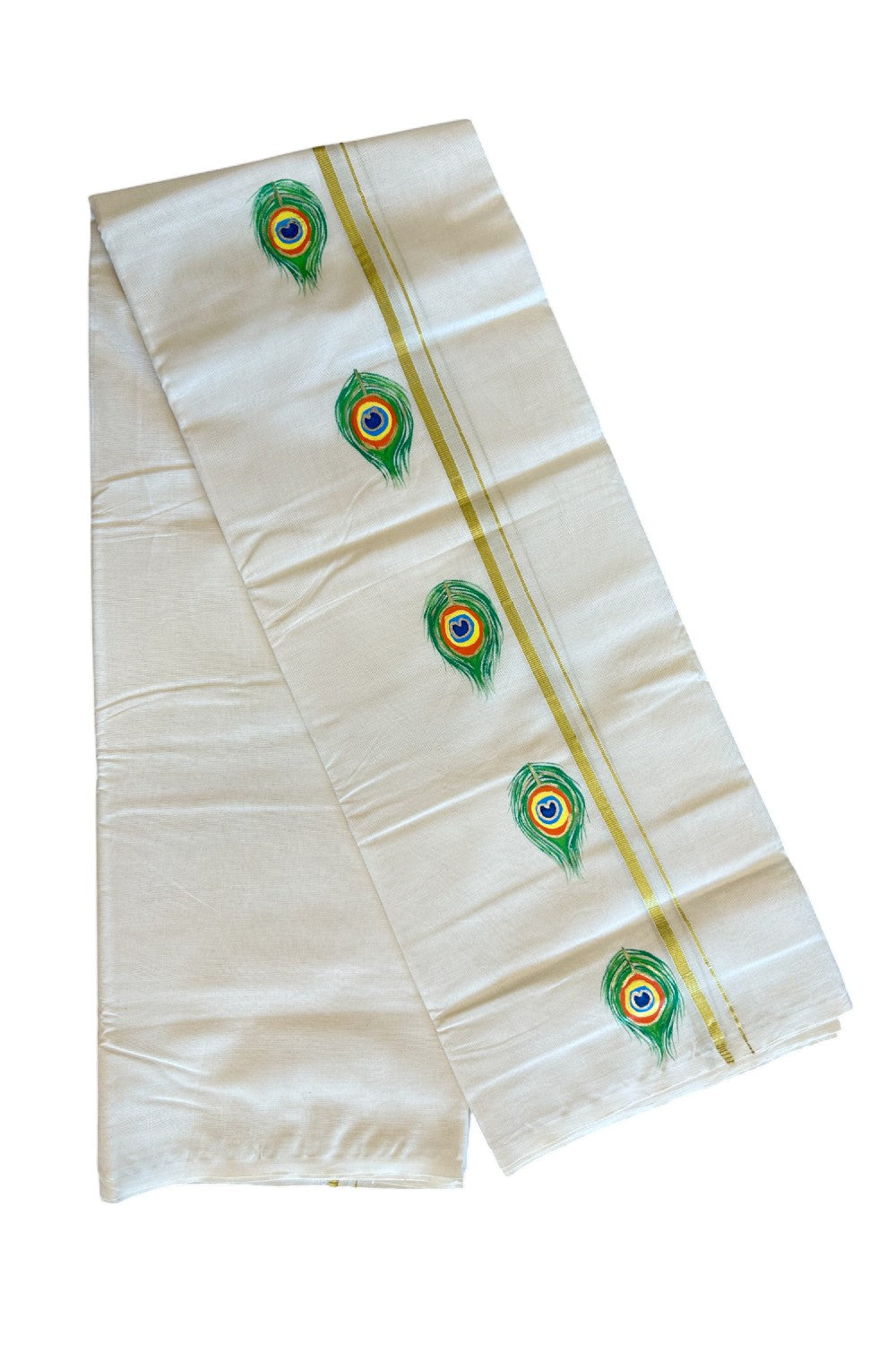 KaithariKada Balaramapuram 100% Cotton Double Off white - (Unbleached) Mundu/Dhoti - 100x80 0.75 inch Kasavu & Hand Painted Peacock Feather Design Kara 3.70 meter- 4KK5038KK