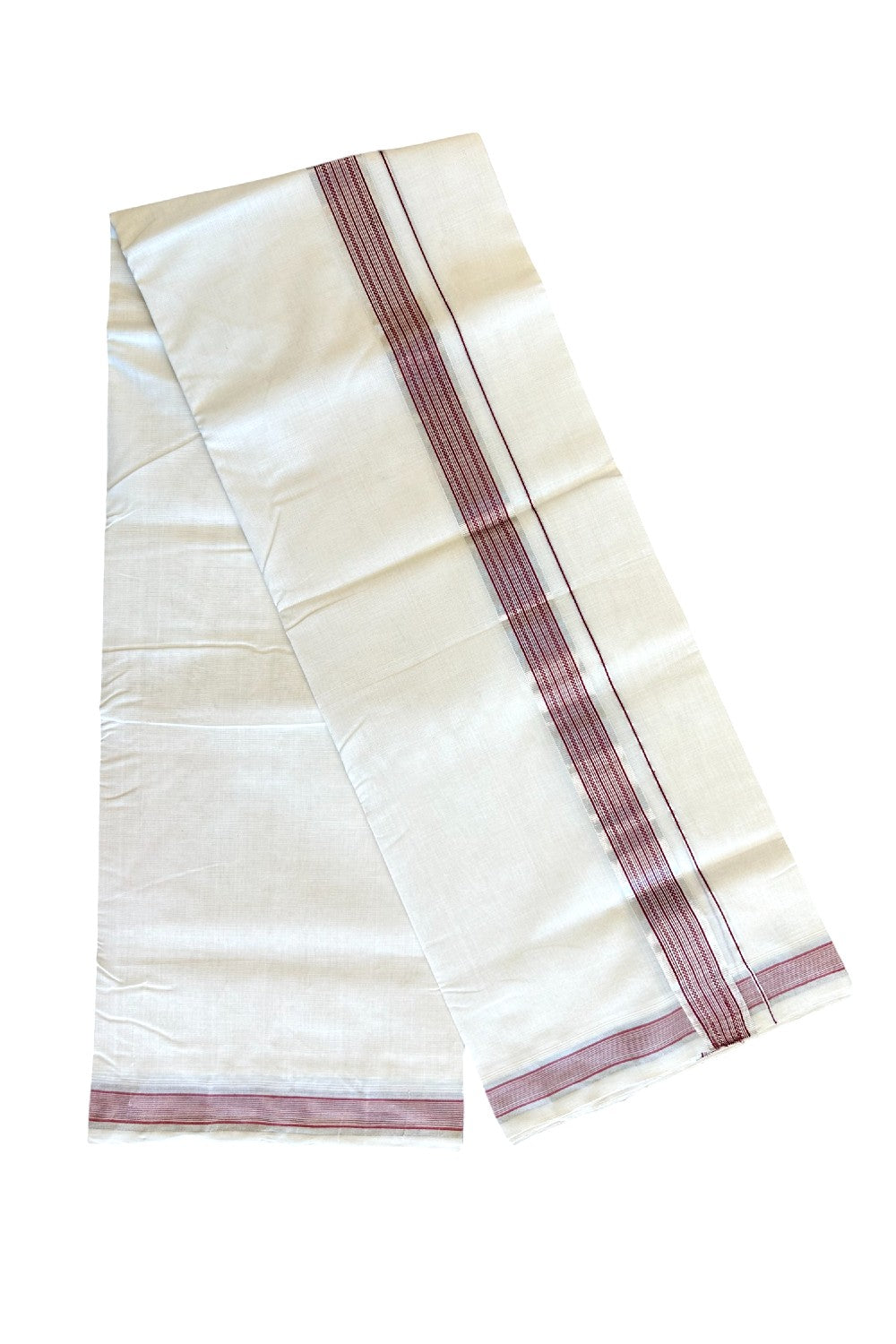 15% DISCOUNT! KaithariKada BALARAMAPURAM HANDLOOM UNAKKUPAAV - 100% PURE Cotton Double Mundu/Dhoti - 2 inch Silver Kasavu & Maroon Stripes Kara- 4KK503RAM