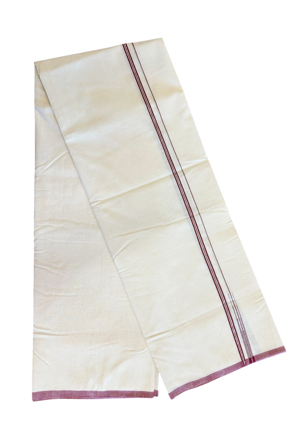 SIGNATURE KAITHARIKADA EXCLUSIVE SINGLE DHOTI - 100% Cotton Balaramapuram HANDLOOM Single Mundu/Dhoti - Off White - (Unbleached) -1 cm Maroon & Silver Striped KASAVU Chutty Kara - 4KK5040KAI