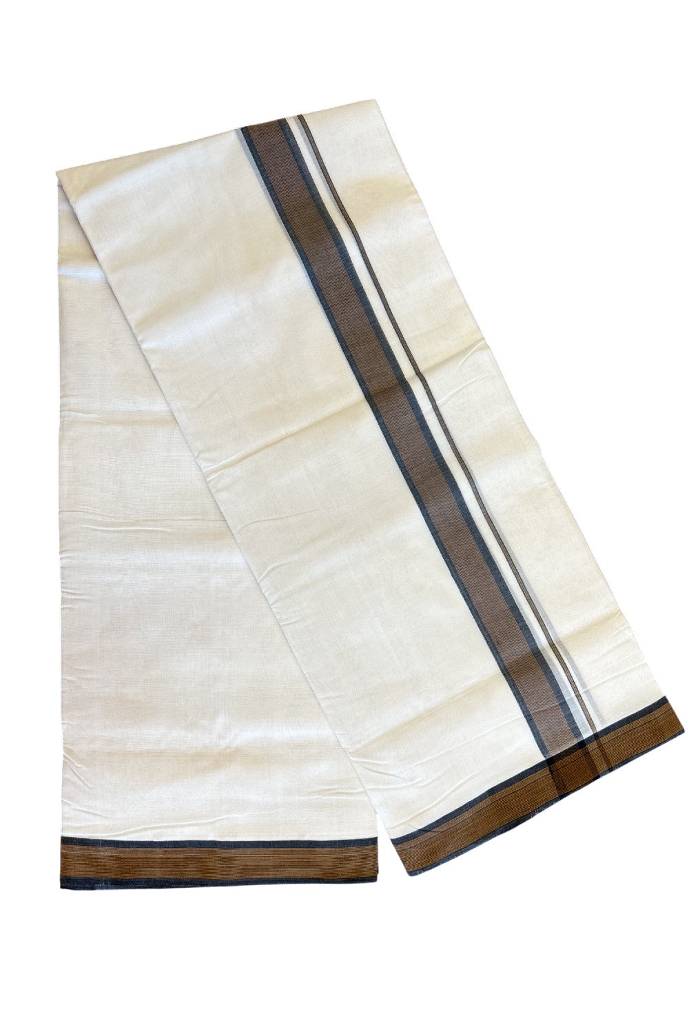 15% DISCOUNT!! KaithariKada HANDLOOM UNAKKUPAAV Balaramapuram - 100% PURE Cotton OFF White Double - (Unbleached) Mundu/Dothi - 2 inch Brown & Black Stripes Kara 4.5 Meters (10 Muzham) - 4KK5041SOM