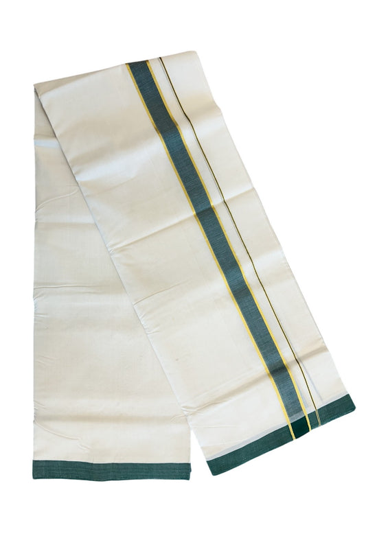 21% Discount KaithariKada HANDLOOM Unakkupaav Balaramapuram - 100% PURE Cotton Off White (Unbleached)  - 100x100 Double Mundu/Dhoti - 2 inch  Gold Kasavu Green Kara-88