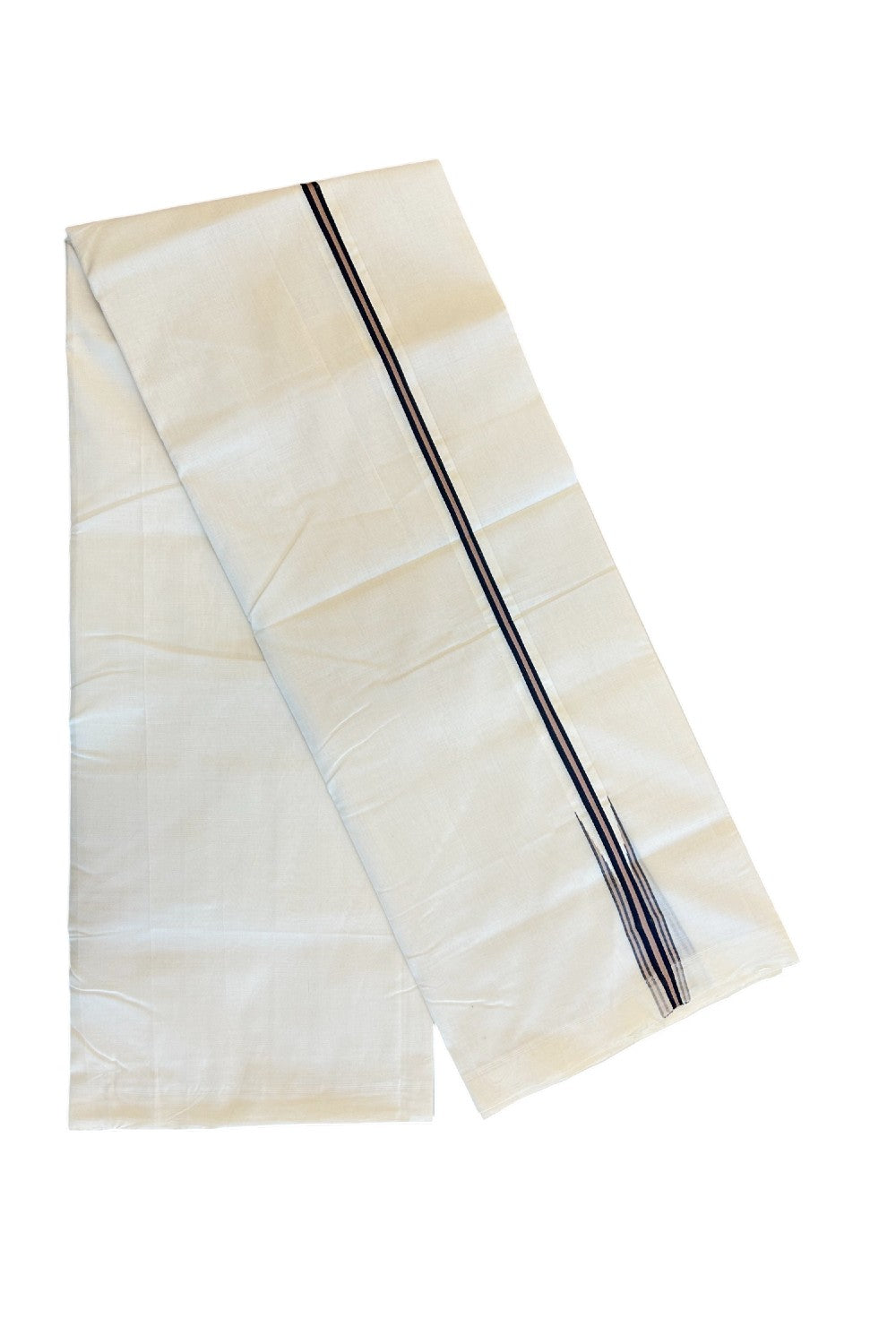 26% DISCOUNT!! KaithariKada HANDLOOM UNAKKUPAAV Balaramapuram - 100% PURE Cotton OFF White Double - (Unbleached)  Mundu/Dothi - 1 inch Puliyilakkara Black & Chocolate Cream chutty - 4KK5049REA