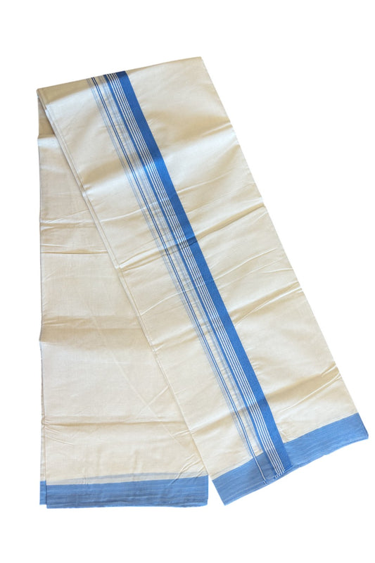 20% Discount KaithariKada Balaramapuram 100% Cotton Double Off white - (Unbleached) - Mundu/Dhoti-100x100 - 2 inch Blue Stripes Kara - 127