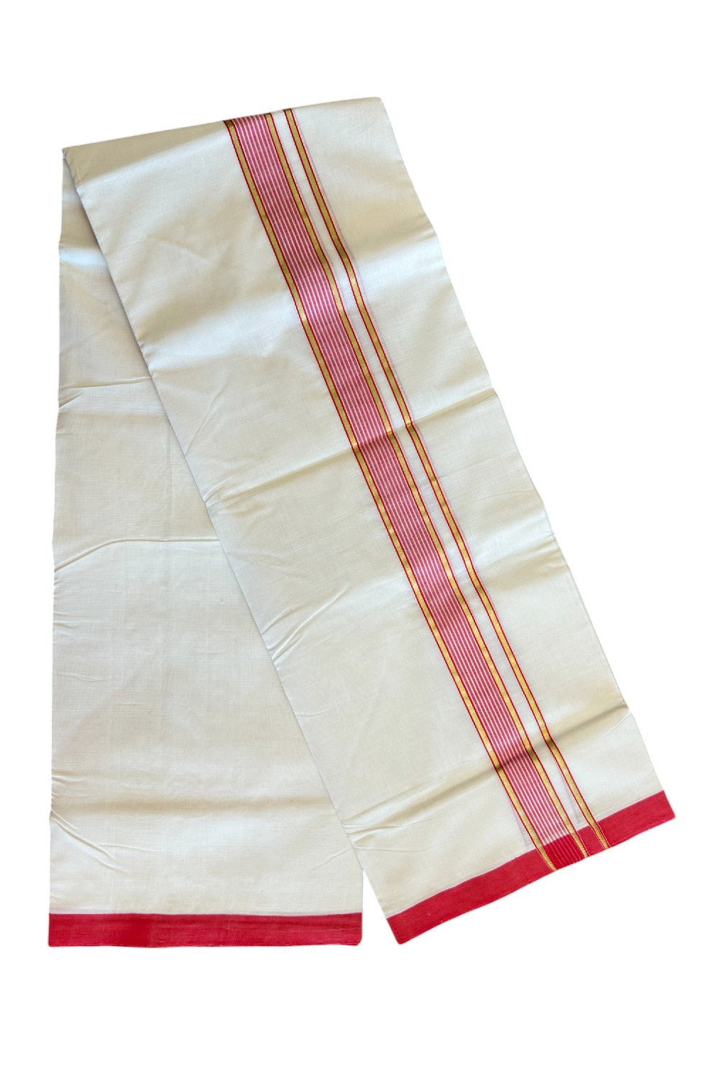 15% DISCOUNT! KaithariKada BALARAMAPURAM HANDLOOM UNAKKUPAAV - 100% PURE Cotton off white (Unbleached) Double Mundu/Dhoti - 2 inch Kasavu & Pink Red Stripes Kara-62