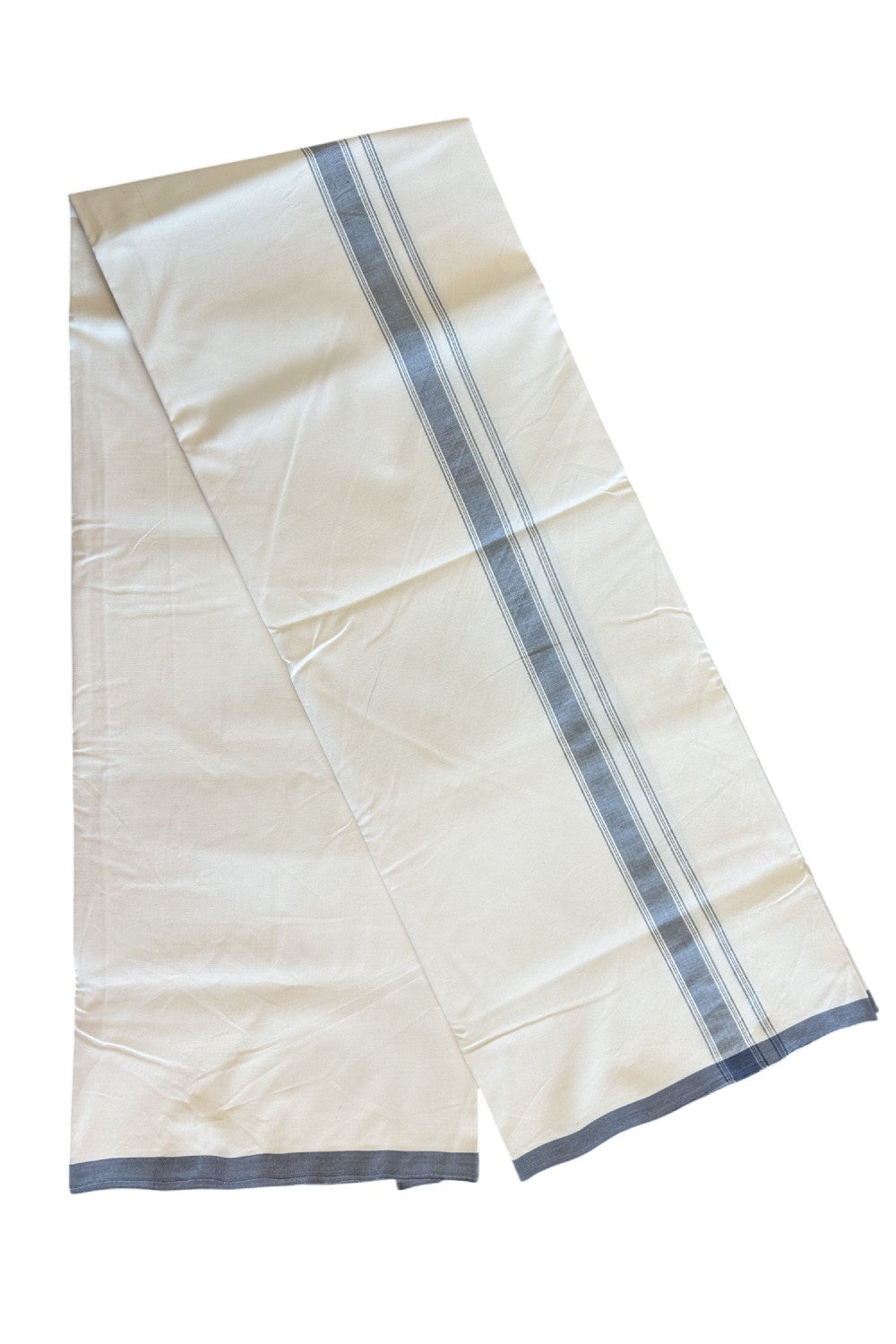 19% DISCOUNT ! KaithariKada Balaramapuram 100% COTTON SINGLE OFF WHITE - (Unbleached) Mundu/Dhoti-Twisted 100s Thread- 1.5 inch GRAY Striped Kara- 4KK5055ASH