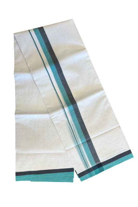 19% Discount!!! KaithariKada Balaramapuram  PURE WHITE Double Mundu/Dhoti - 80X90 - 2 inch Black & Turquoise Green  puliyilakkara striped chutty kara 3.85 meters - 4KK5058GUN