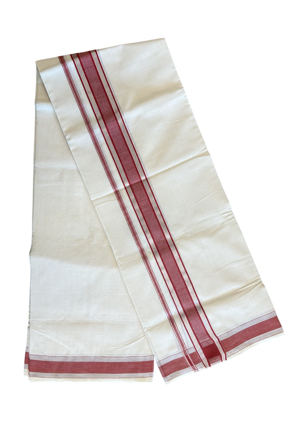 10% DISCOUNT!KaithariKada Handloom  Balaramapuram 100% Cotton Double Off white (Unbleached) Mundu/Dhoti-100X100- 2.75 inch Silver  Kasavu & Red Kara.-6.