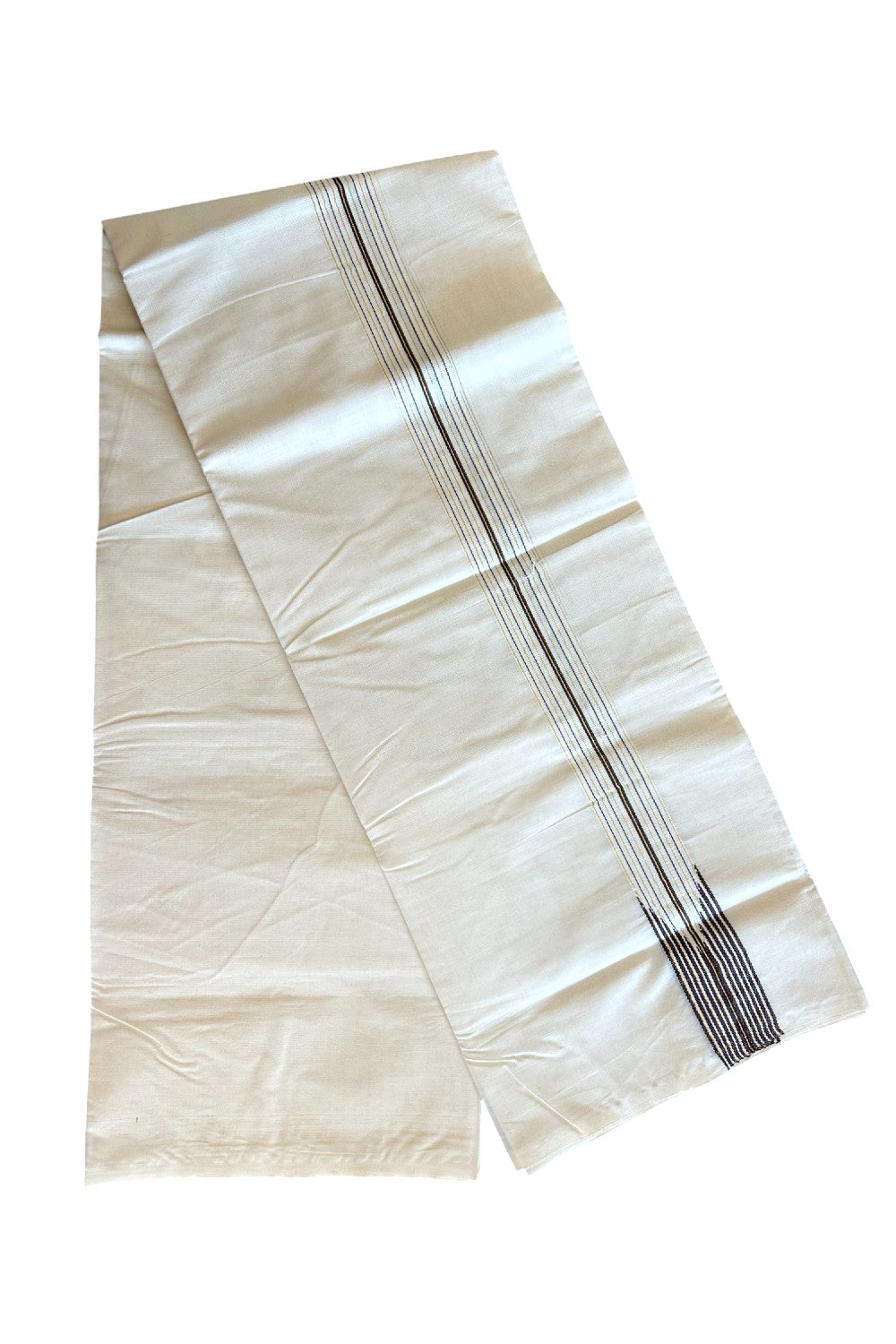 21% DISCOUNT ! KaithariKada 100% Cotton OFF WHITE Double - (Unbleached) Dhoti/Mundu - 12 Line Puliyilakkara Chutty Brown & Kasavu Stripes - 4KK5063KKK